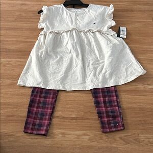 Tommy Hilfiger Cream Shirt with Red Plaid Leggings Set